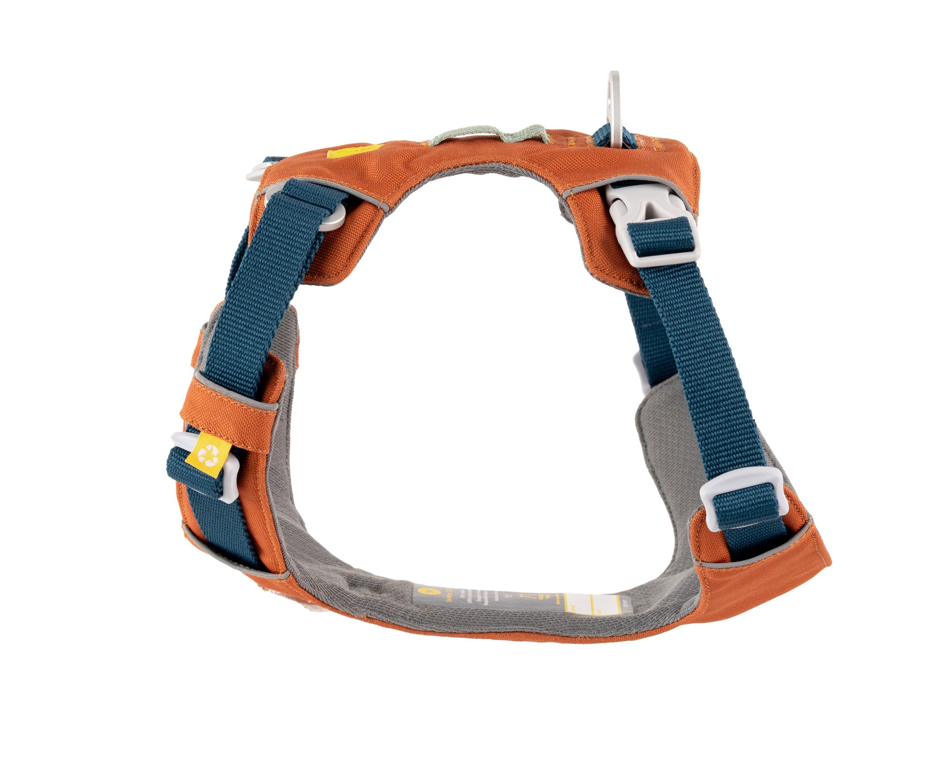 A rust-orange and gray dog harness with blue adjustable straps, two side-release buckles, and a metal ring on top for attaching a leash. The harness is shown standing upright on a white background.