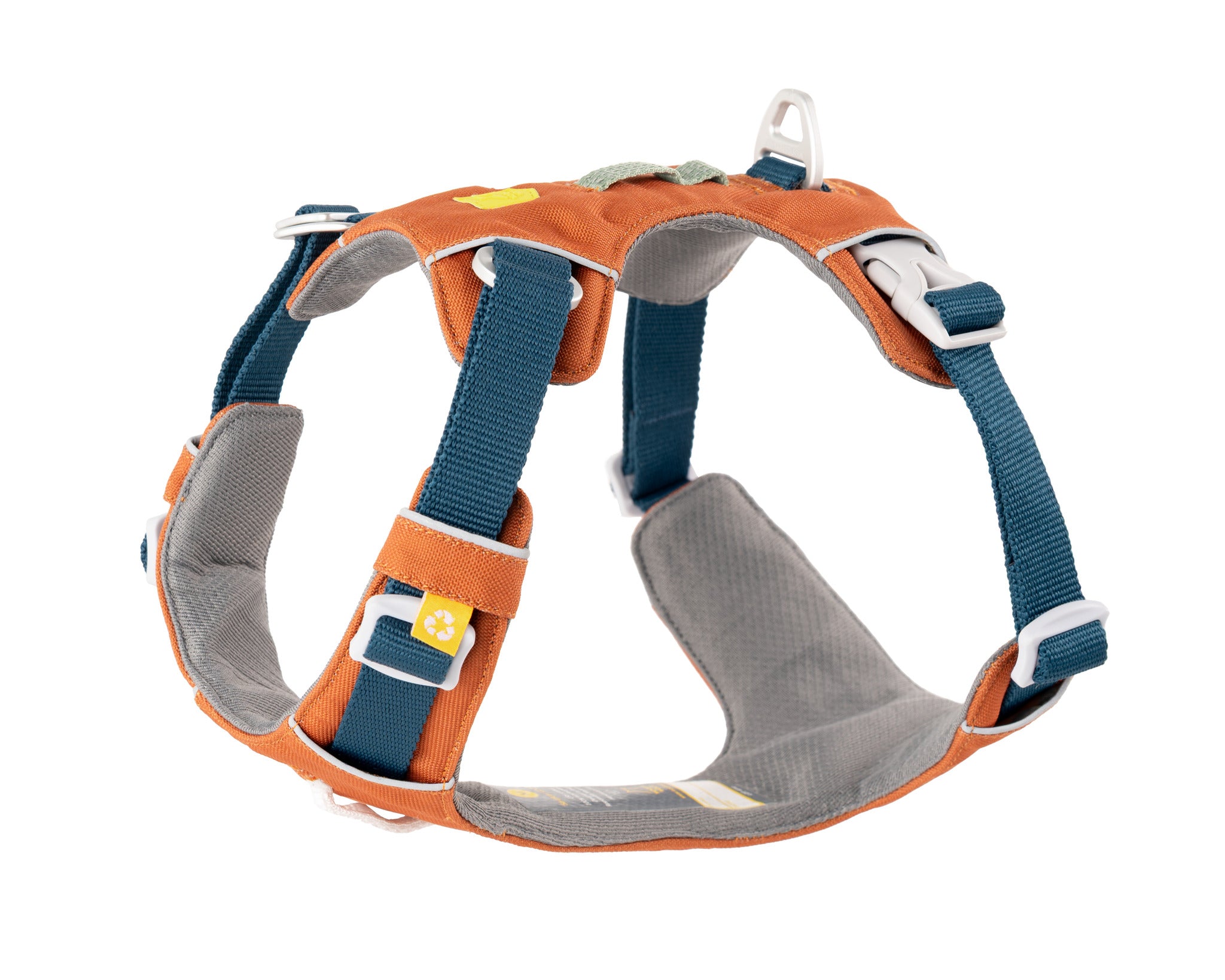 Orange and gray dog harness with blue adjustable straps and white plastic buckles, featuring a handle and a small yellow paw print tag. The harness is padded for comfort and designed for secure fit.