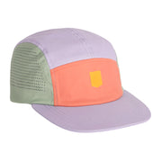 The Alpha 360 Tech Cap Lavender features five pastel panels: a purple brim, orange front with yellow patch, light green ventilated sides, and a light purple top.