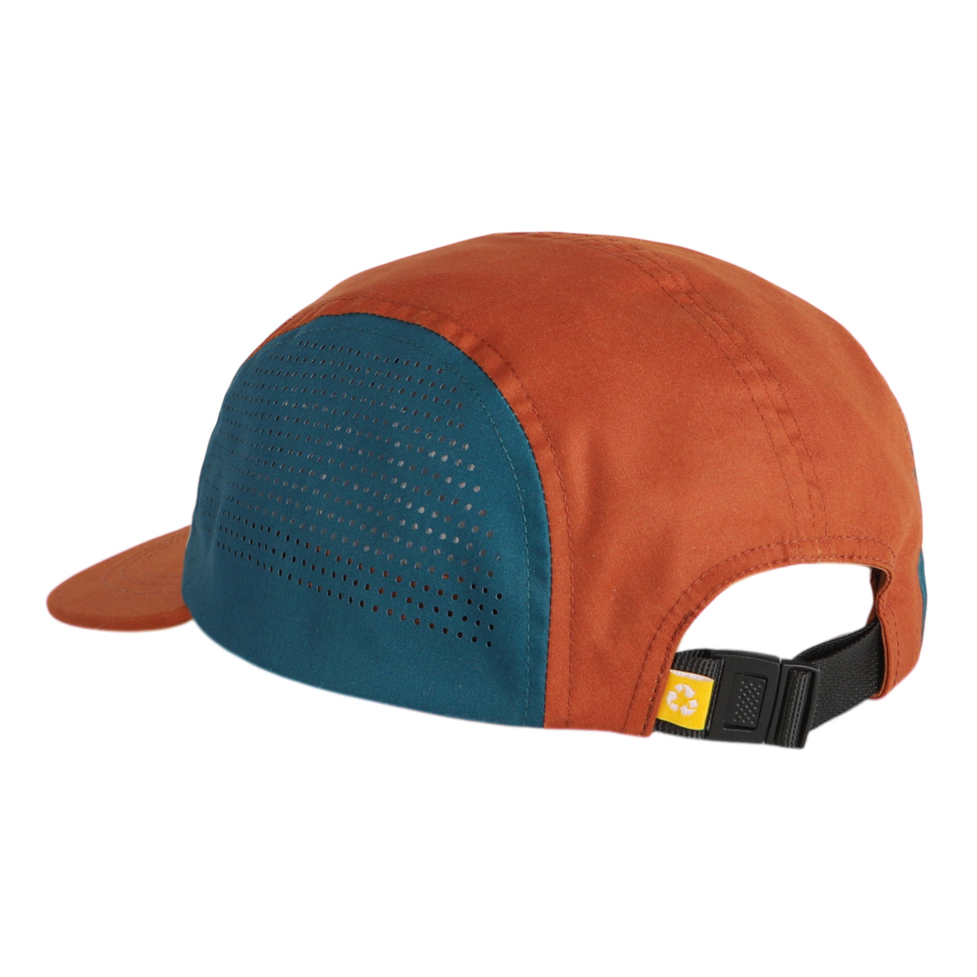 The Alpha 360 Tech Cap Terracotta features a burnt orange top and bill, teal perforated side panels, an adjustable black strap at the back, and a small yellow flower tag.