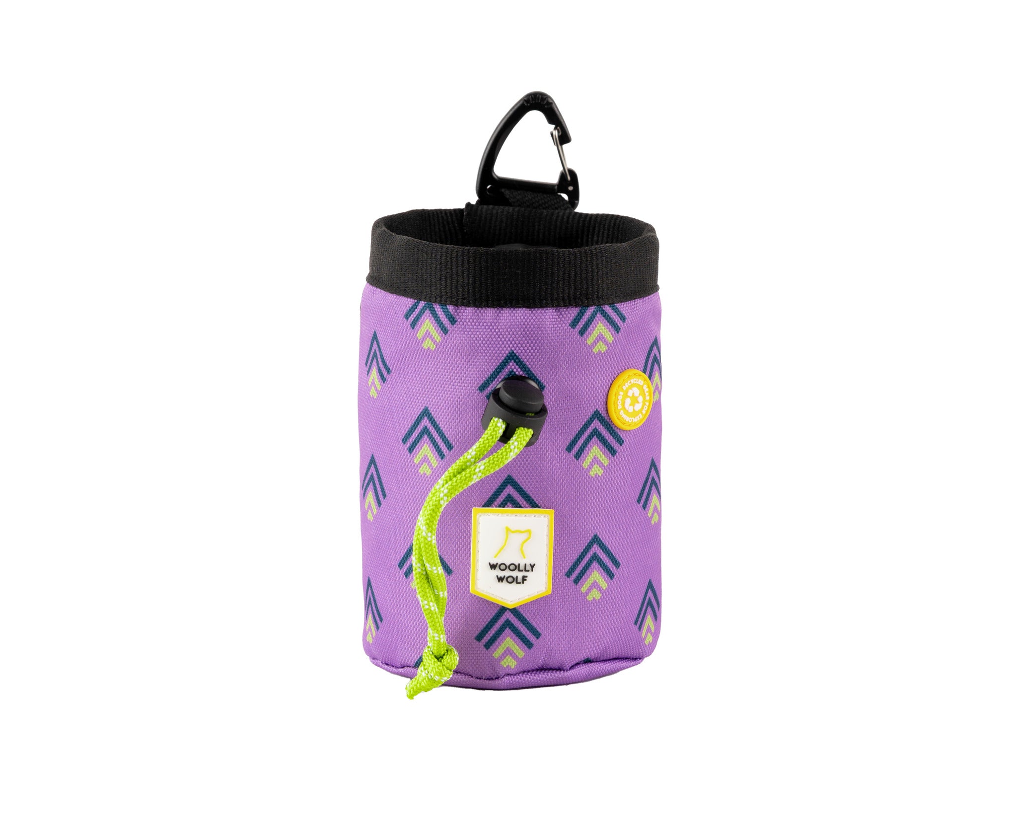 A small, purple fabric pouch with a black drawstring, green cord, and carabiner clip. It features a geometric pattern, a Woolly Wolf label, and a small circular patch.