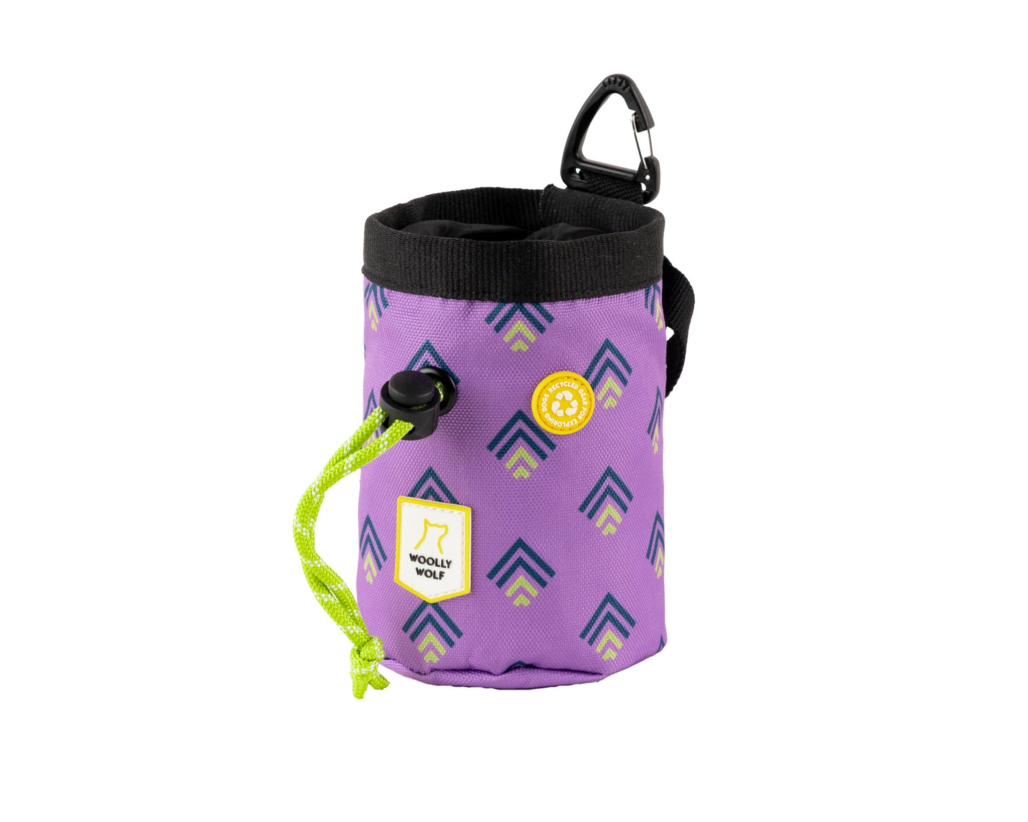 A small purple fabric pouch with blue and yellow geometric patterns, a yellow drawstring, a black clip, and a label that reads WOOLLY WOLF.