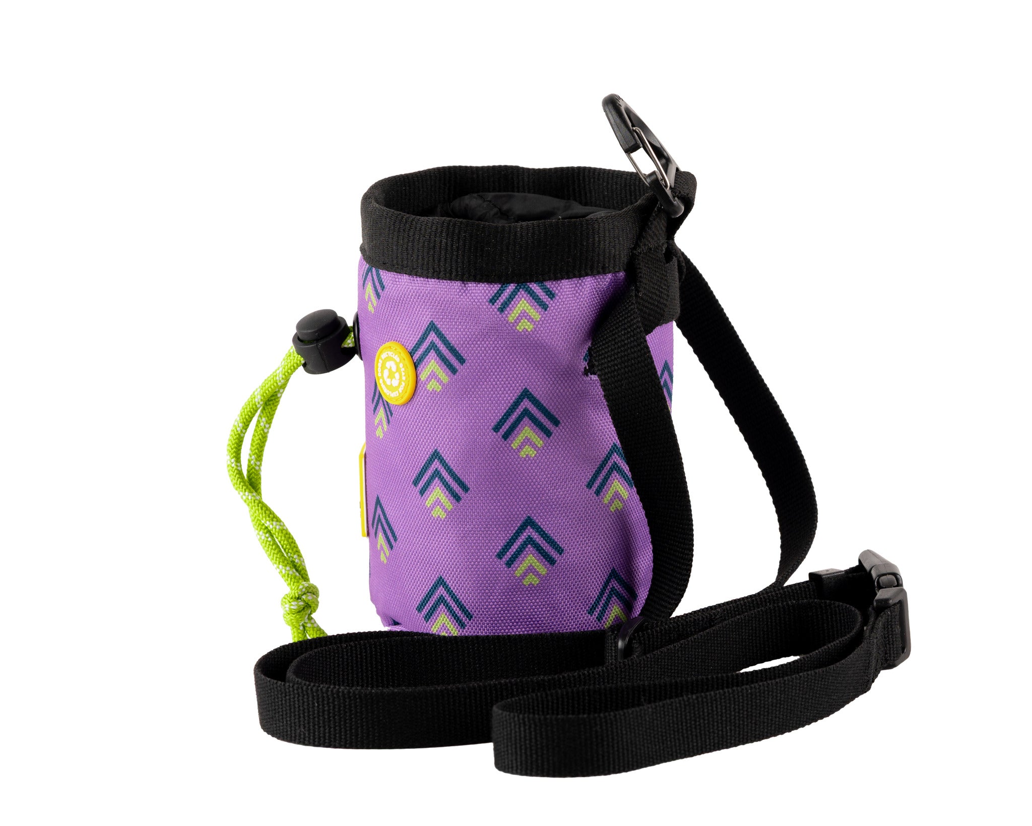 A small purple bag with a geometric pattern, black trim, a green drawstring, and an adjustable black shoulder strap, set against a white background.