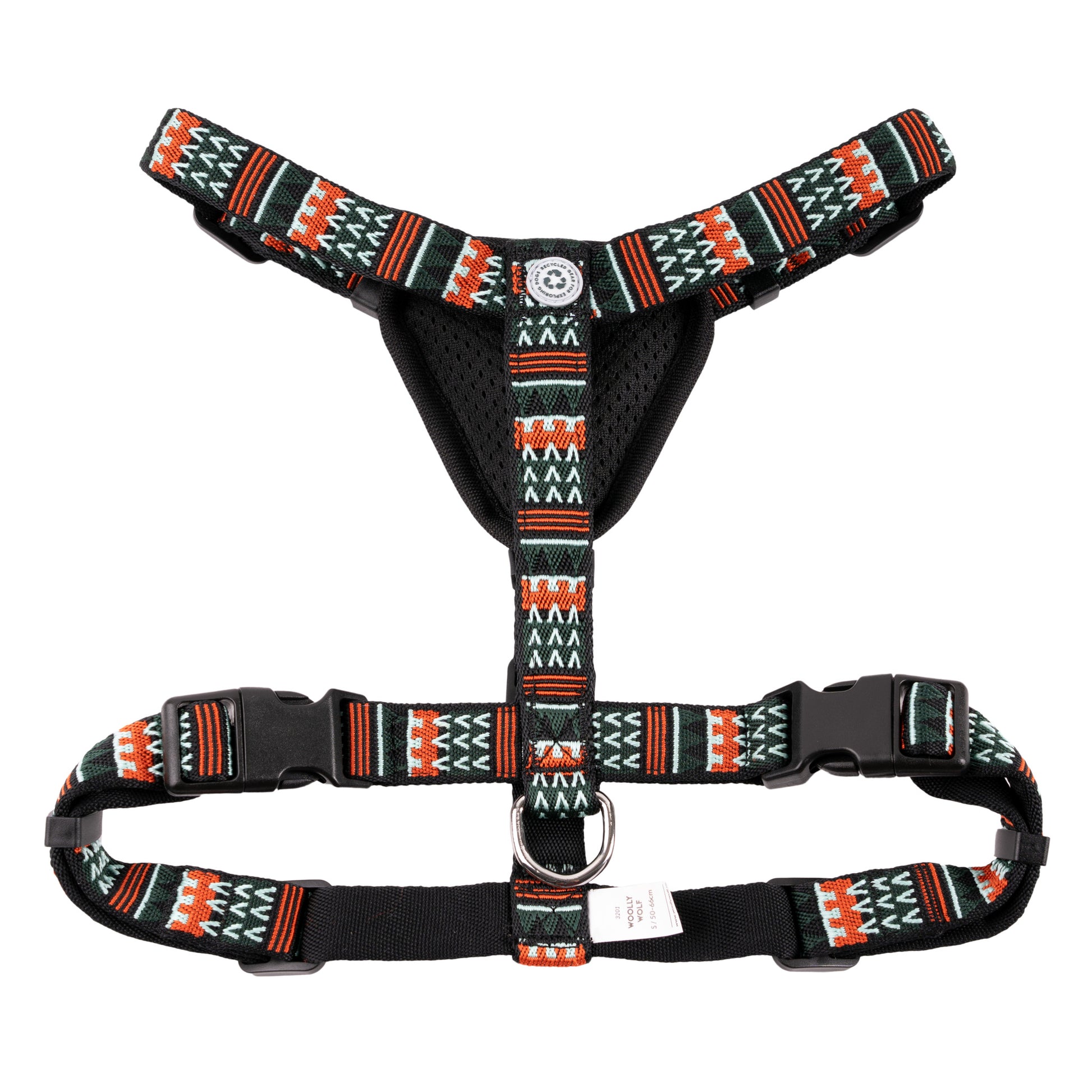 Dog harness with adjustable straps, black mesh padding, and a red, white, and green geometric pattern.