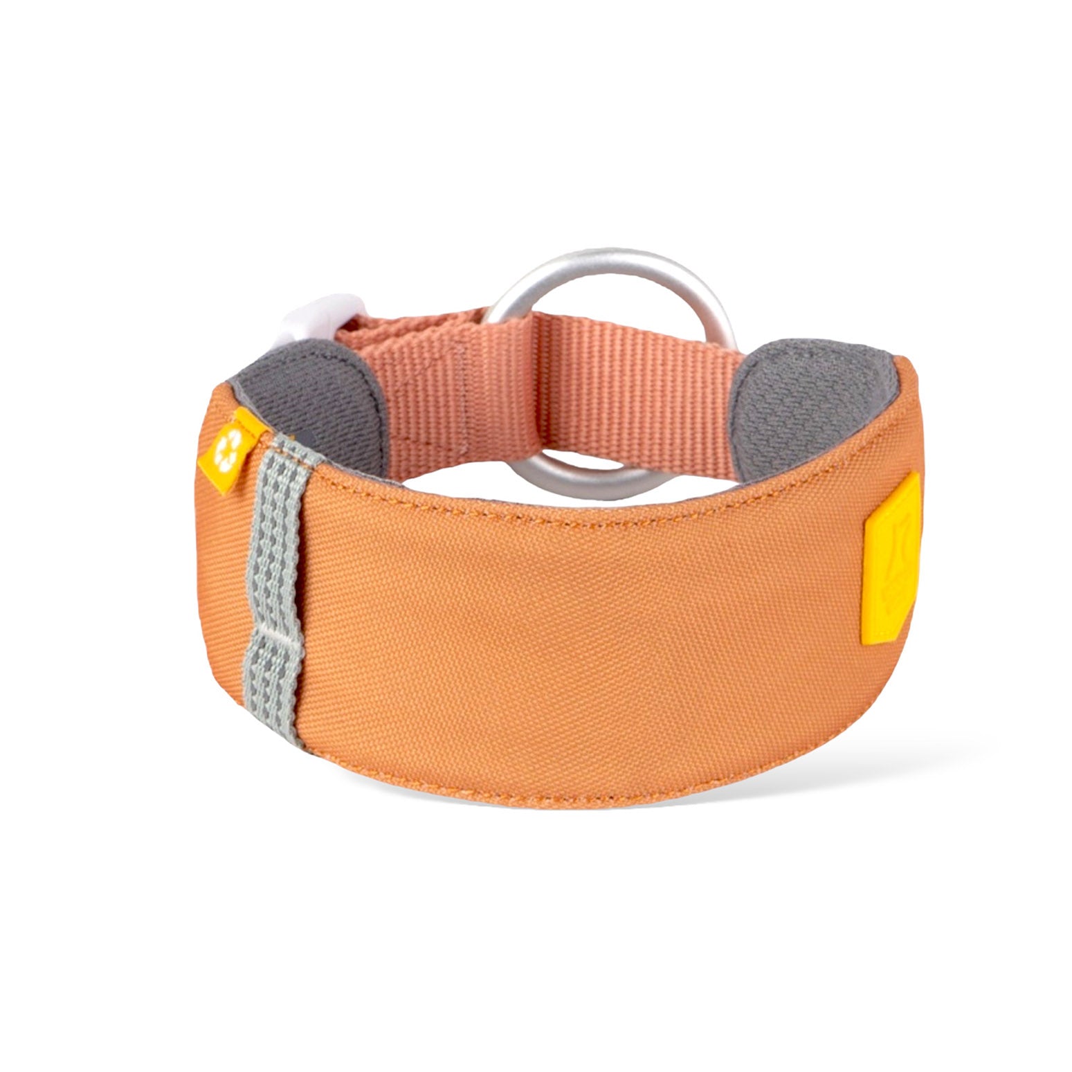 The Alpha 360 Dog Collar Golden Hour features a wide orange fabric, reflective gray stripe, yellow tag, large silver metal ring, and padded inner lining for comfort.