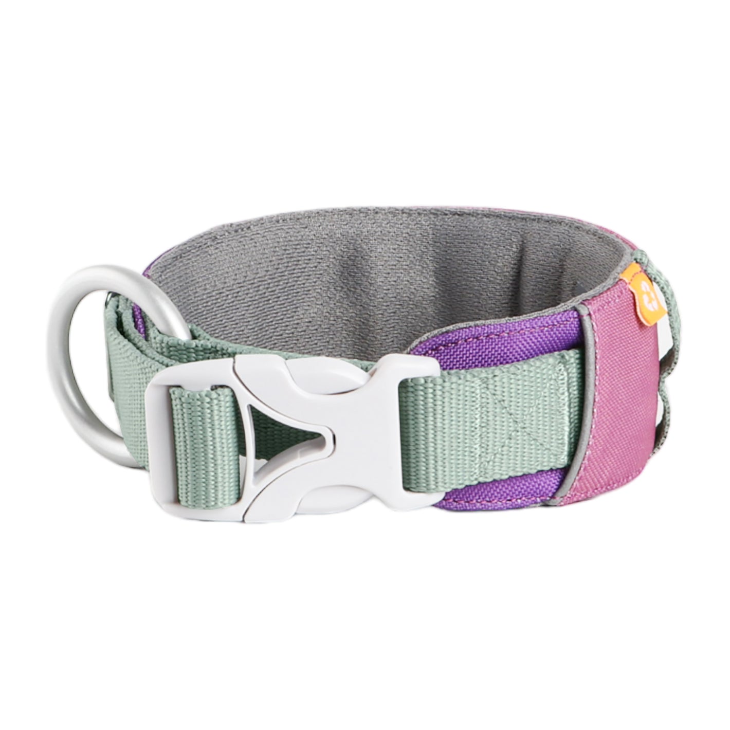 The Alpha 360 Dog Collar Mauve Mix features a padded design, plastic buckle, large metal D-ring, and color blocks in green, pink, and purple fabric.