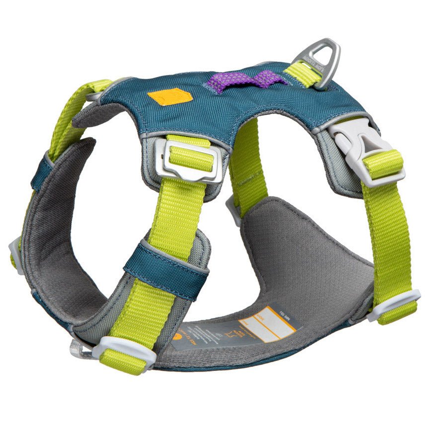 The Alpha 360 Dog Harness Deep Teal features teal and gray colors, bright yellow straps, white plastic buckles, and a metal leash ring for secure and comfortable pet wear.
