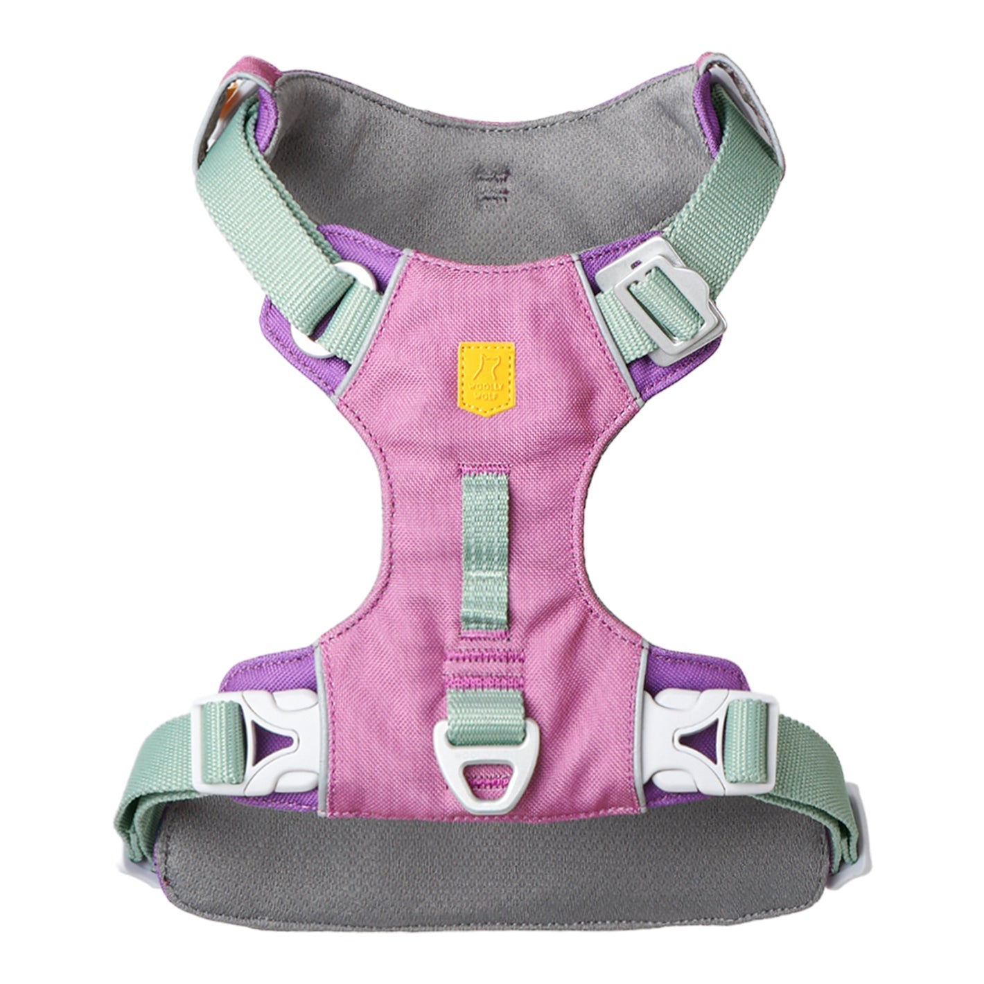 The Alpha 360 Dog Harness Mauve Mix features pink and gray colors, light green straps, white buckles, a yellow top patch, and comfortable padding for secure support.