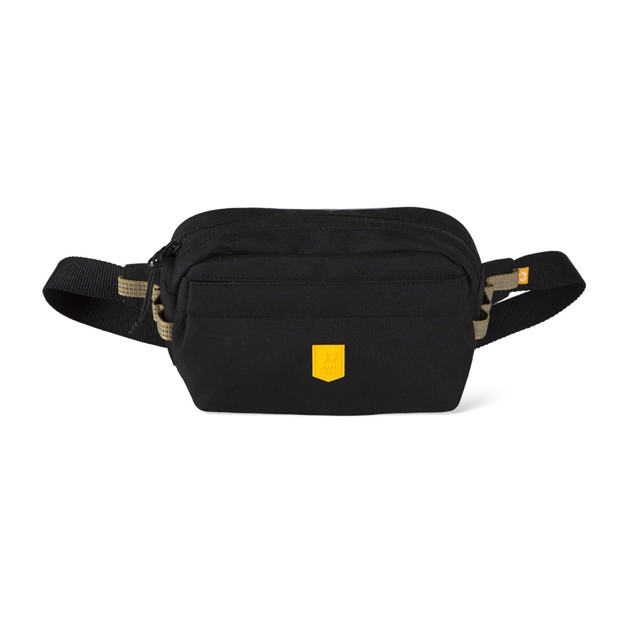 The Alpha 360 Hip Pack Black features a zippered main compartment, adjustable strap with beige accents, and a small yellow patch on the front.