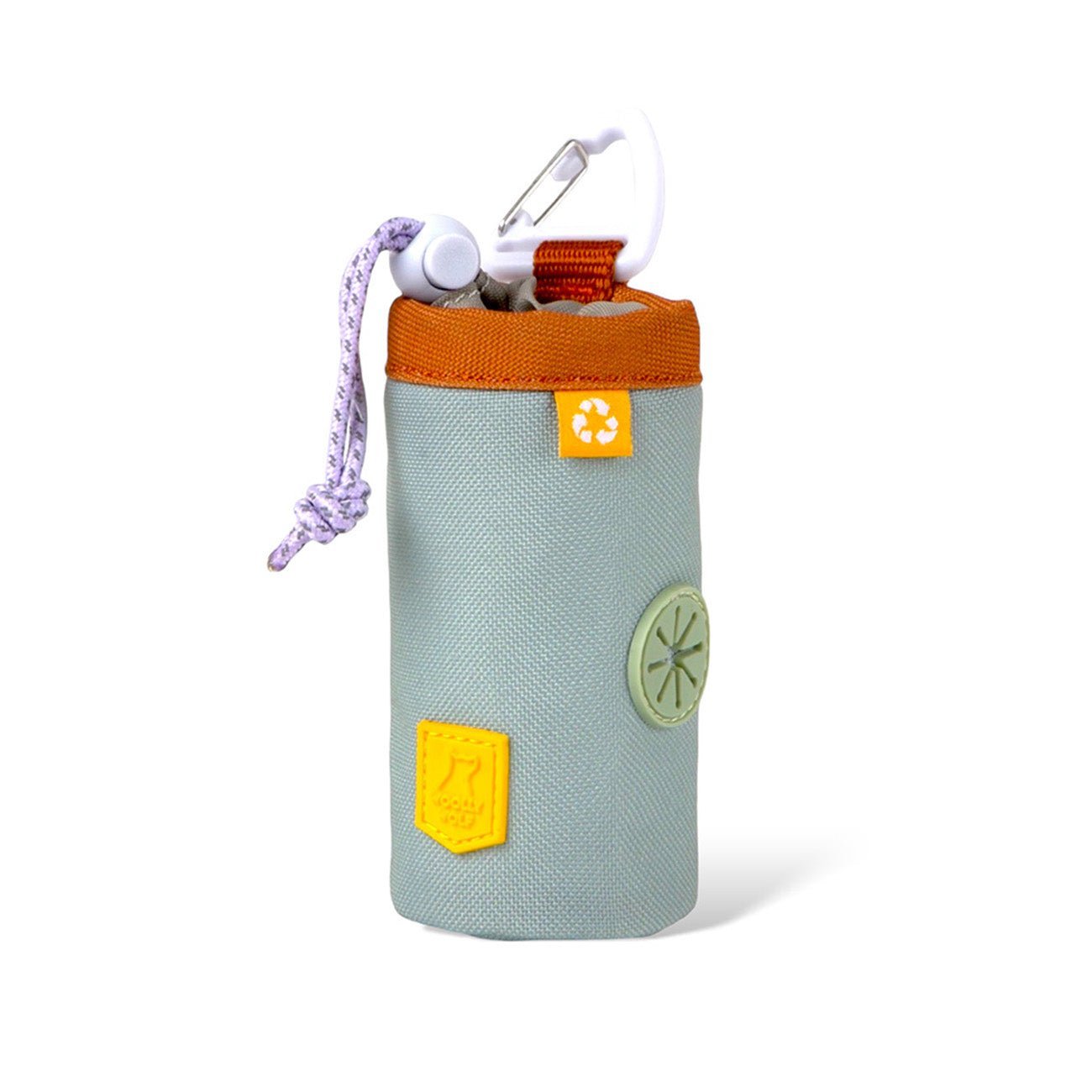The Alpha 360 Dog Poop Bag Holder Glacier Green is a small, cylindrical, light gray pouch with an orange zipper, rope handle, metal clip, yellow and green patches, and a recycling symbol on the front.