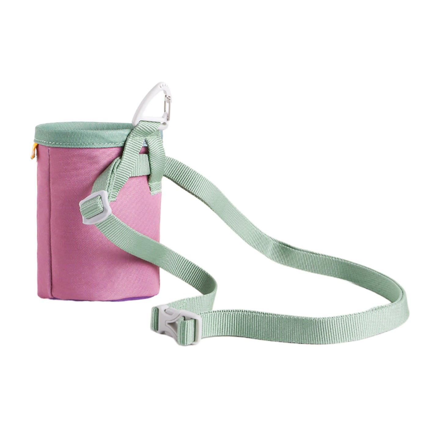 The Alpha 360 Dog Snack Bag Mauve Mix is a small pink fabric pouch with a light green strap, adjustable buckle, and a white carabiner clip attached to the top.