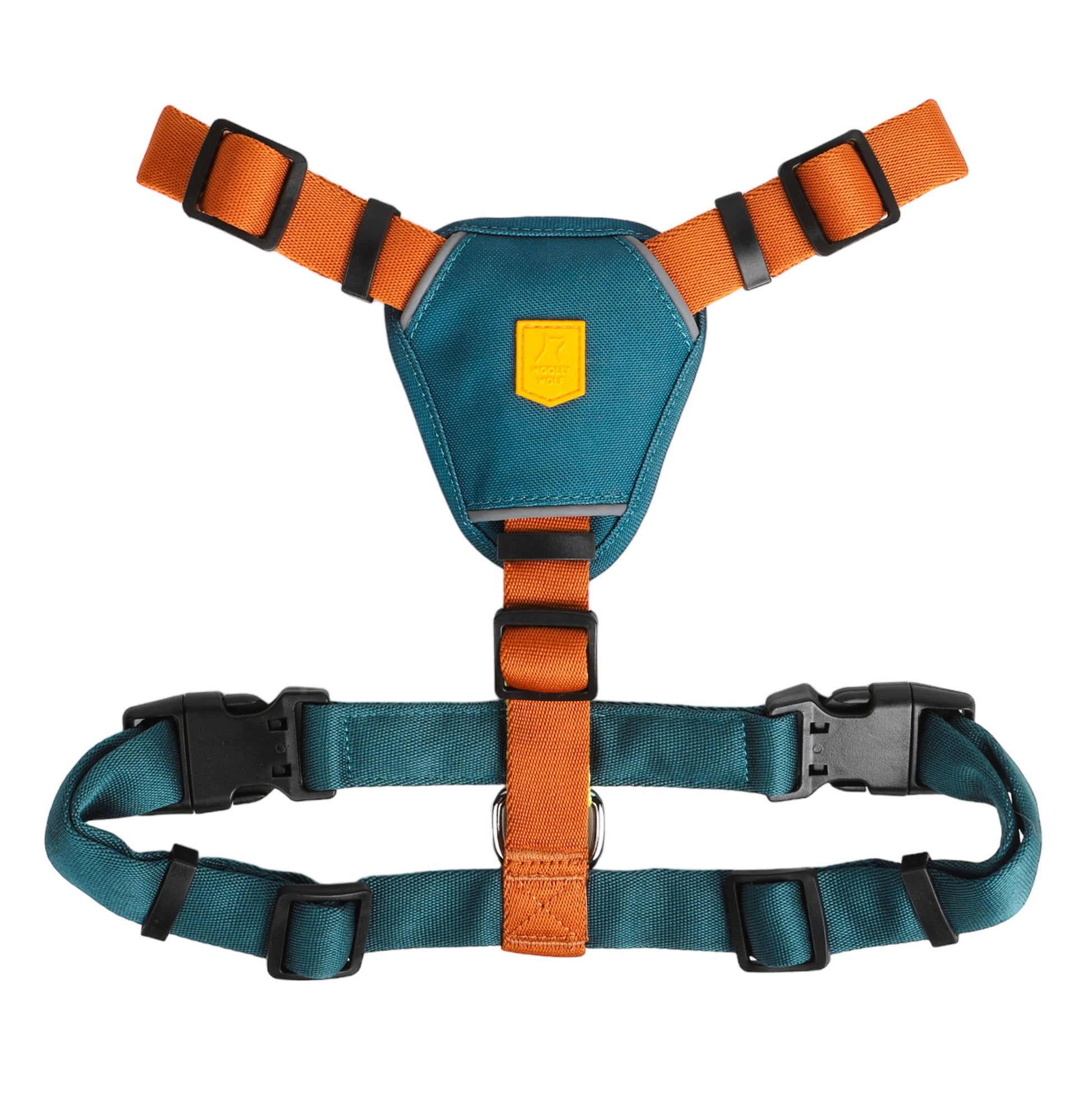 The Color Block Dog Harness Lime Mix features teal and orange colors, black plastic buckles, and a yellow chest patch, shown against a white background.