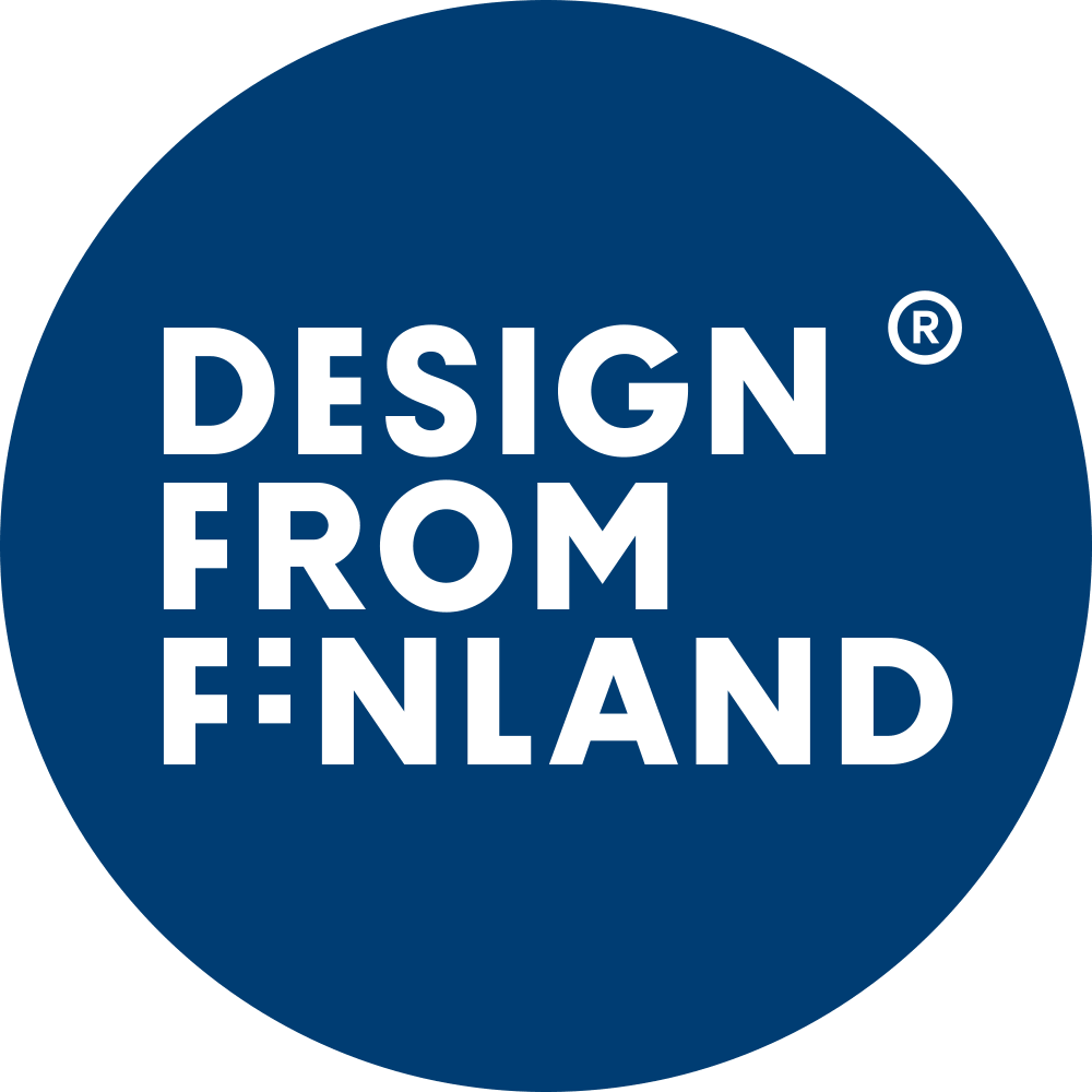 White text DESIGN FROM FINLAND on a blue circle background; Nordic-inspired design logo.