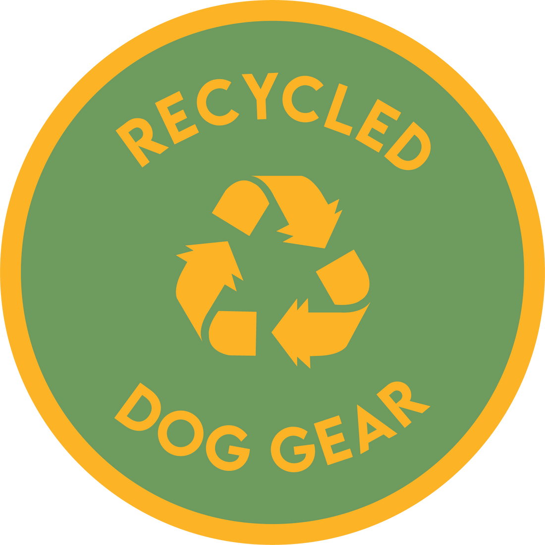 Green circle badge with yellow border, recycling symbol, and text: Recycled Dog Gear.