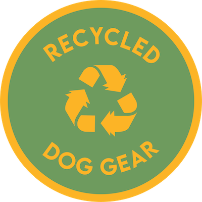 Yellow recycling symbol with Recycled Dog Gear text on a green circle background with yellow border.