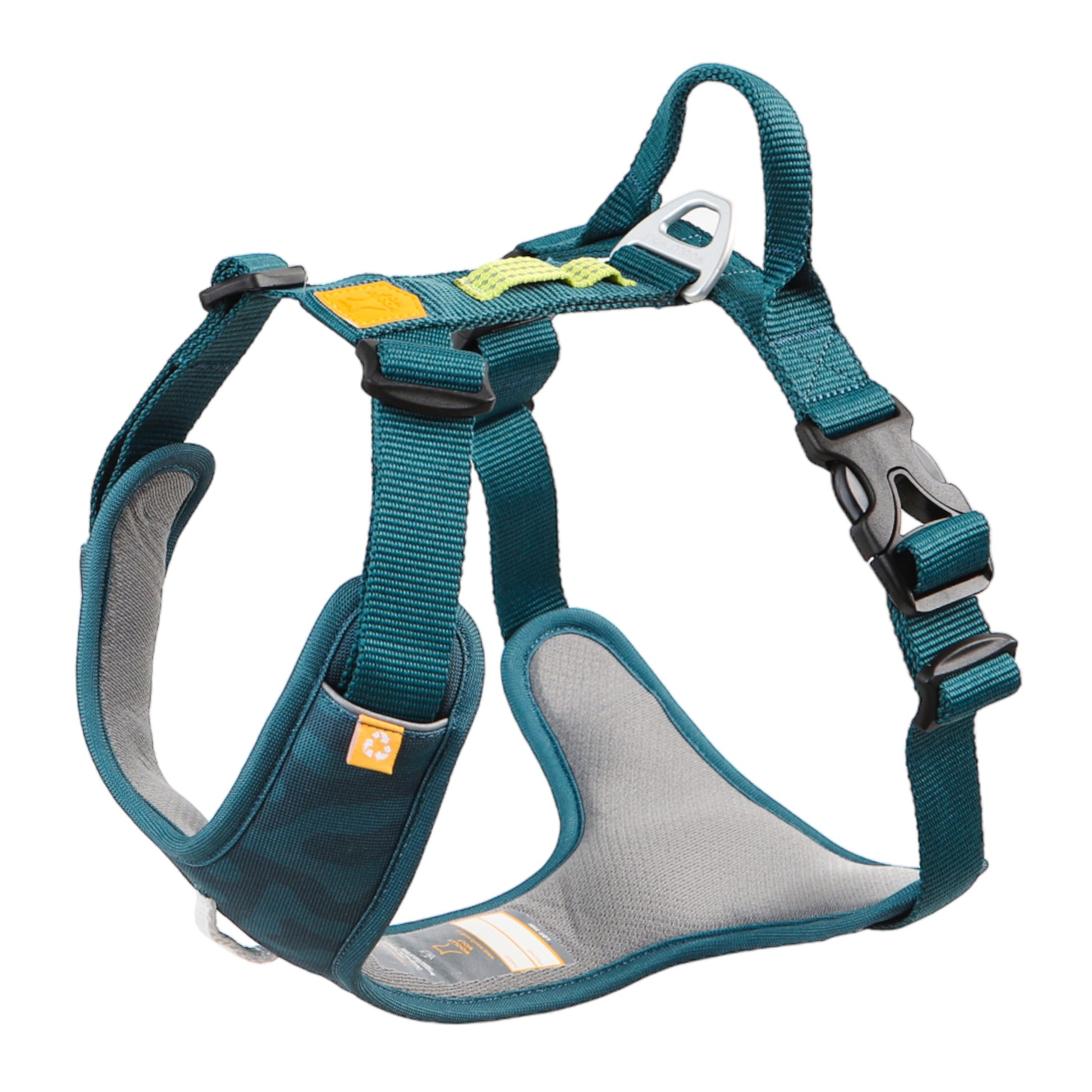 The Roam Dog Harness Deep Teal features teal and gray padded material, adjustable straps, a plastic buckle, metal rings, and reinforced stitching for comfortable and secure pet walks.