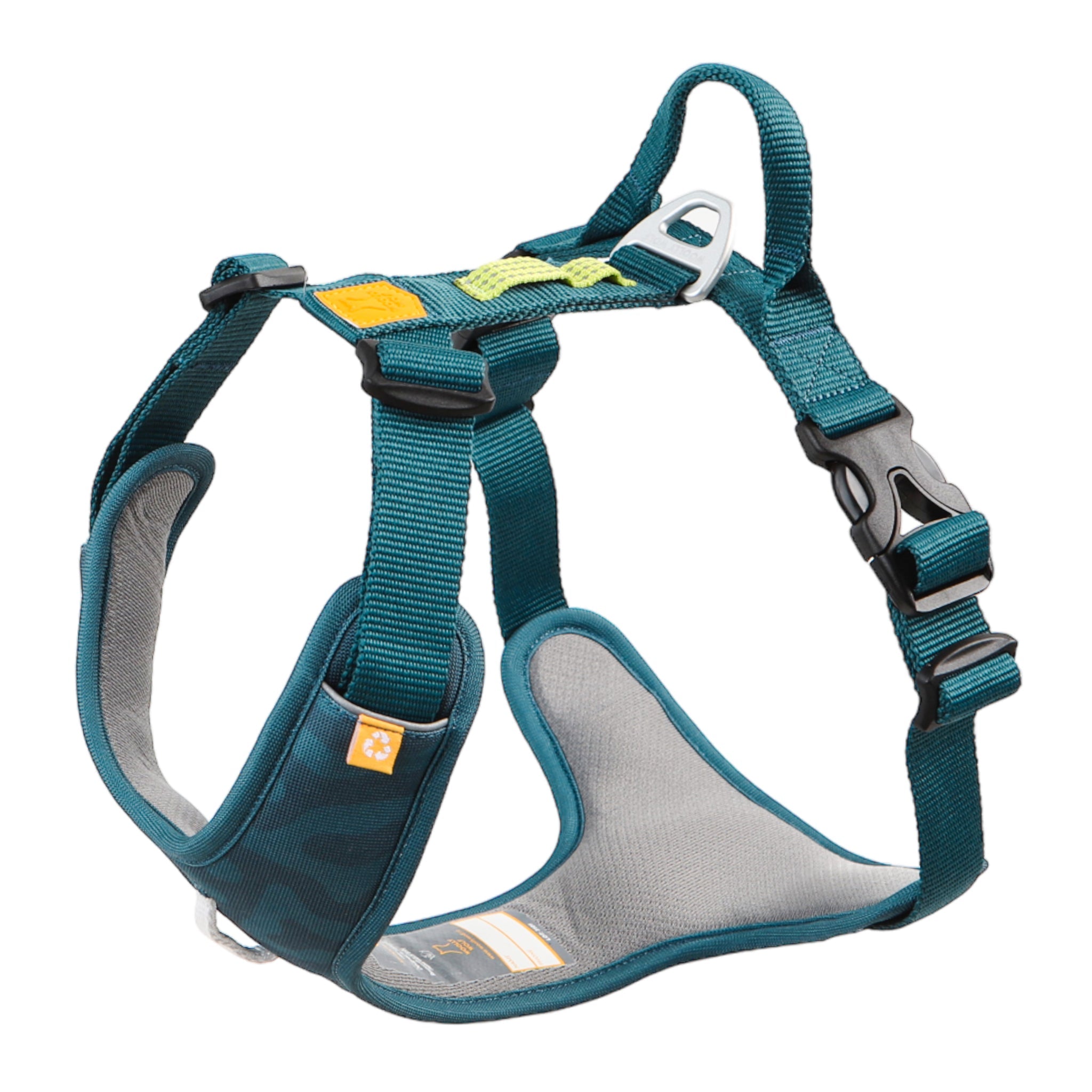 The Roam Dog Harness Deep Teal features teal and gray padded material, adjustable straps, a plastic buckle, metal rings, and reinforced stitching for comfortable and secure pet walks.