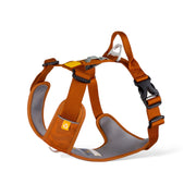 The Roam Dog Harness Terracotta features a rust color, padded straps, adjustable buckles, and a leash attachment ring for comfort and control.