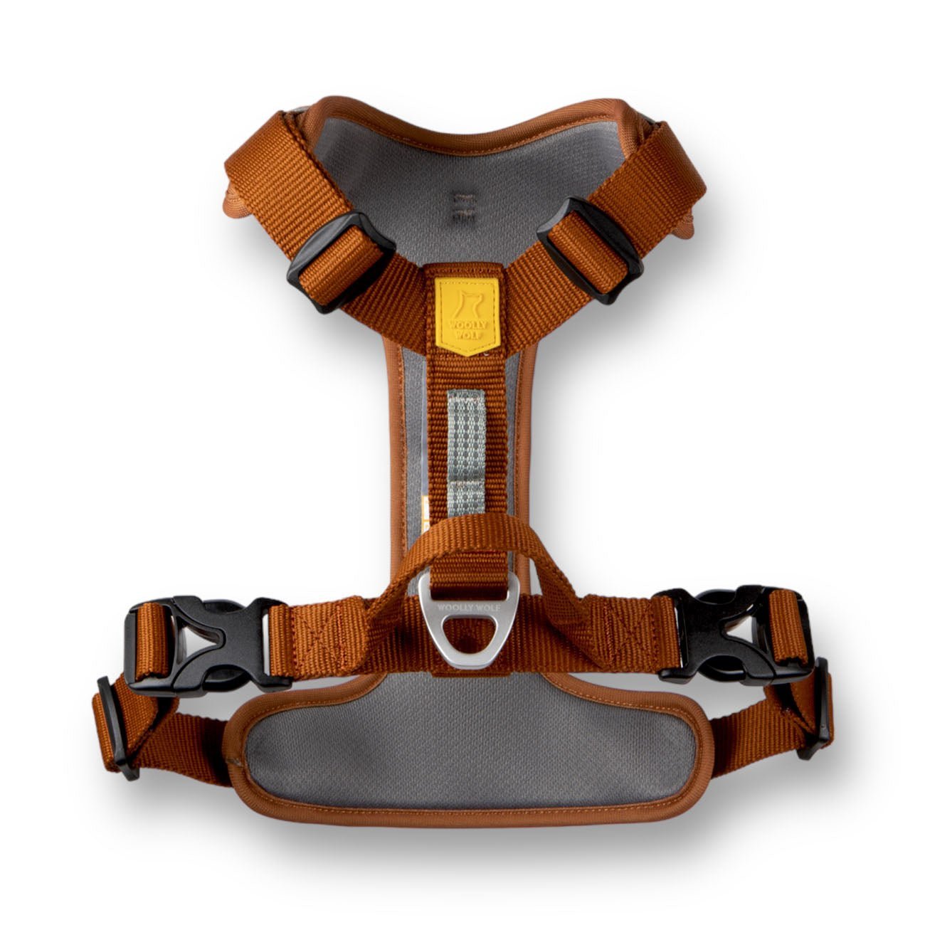 The Roam Dog Harness Terracotta features rust-orange color, padded gray lining, adjustable straps, black plastic buckles, a metal D-ring for leashes, and a yellow brand label on the front.