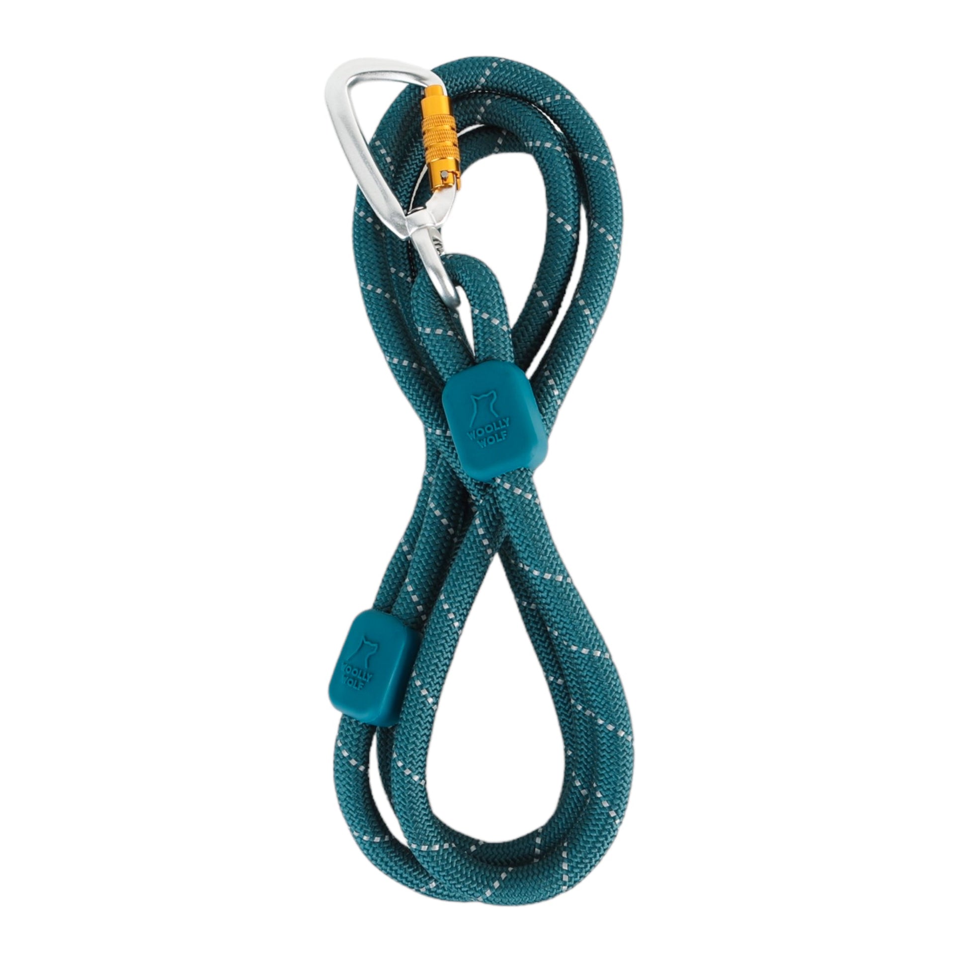 The Rope Dog Leash Deep Teal is coiled in a figure-eight shape with two matching blue rope keepers and a silver carabiner at the top, featuring an orange locking mechanism.
