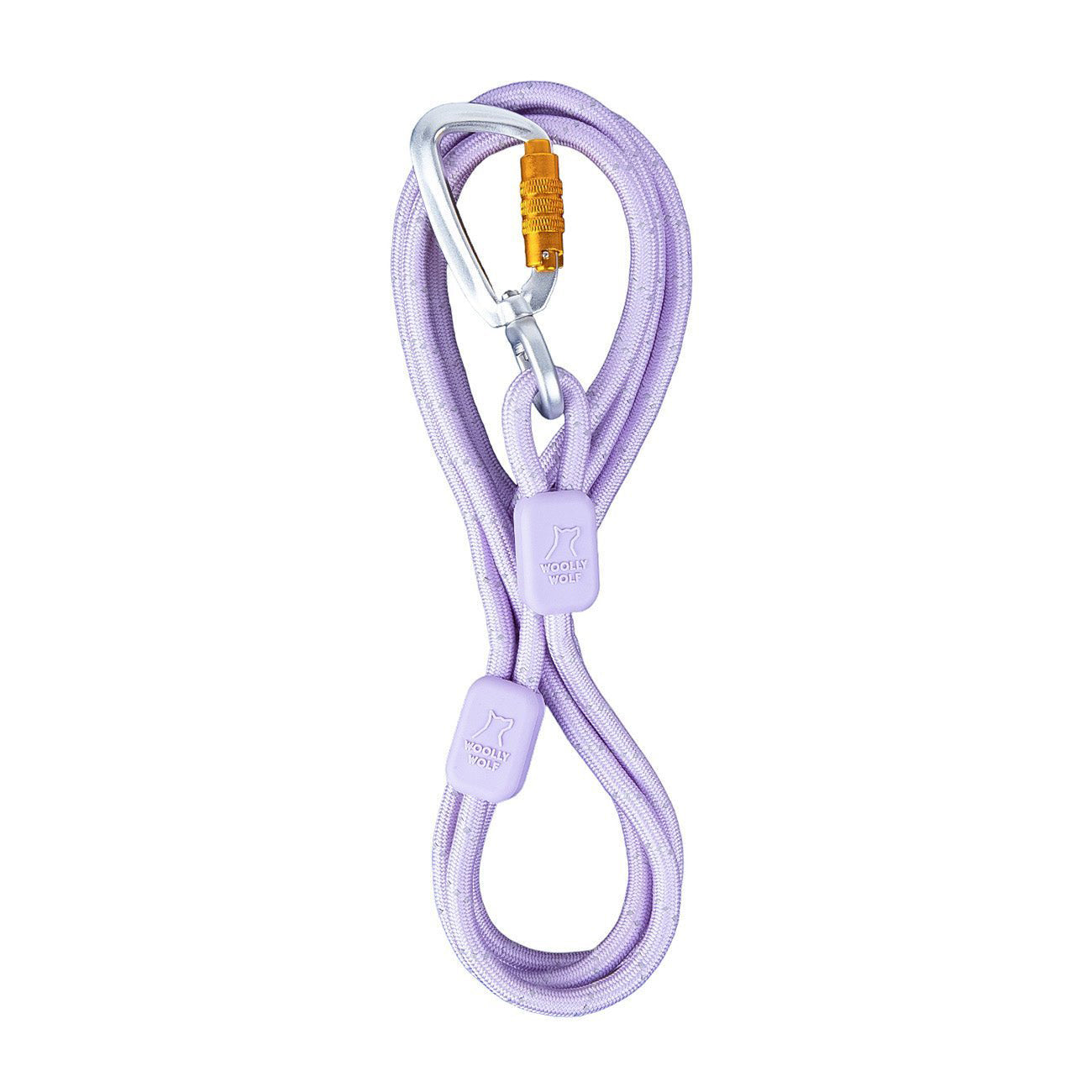 The Rope Dog Leash Thin Lavender features a lavender rope design with a metal carabiner clasp and two adjustable rubber stoppers, neatly coiled for display.