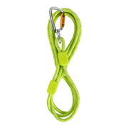 The Rope Dog Leash Thin Lime is a coiled neon green leash with grey accents, two yellow stoppers, and a silver carabiner featuring a yellow locking gate attached at one end.