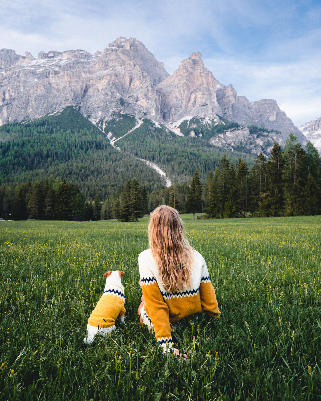 A woman and a dog in matching sweaters sit on grass, facing mountains and forest under a blue sky.