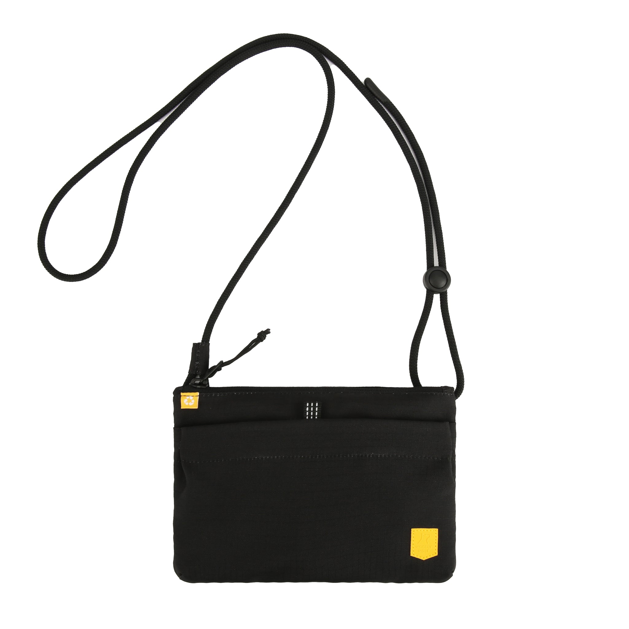 Black crossbody pouch with yellow accents and an adjustable strap, displayed on a white background.