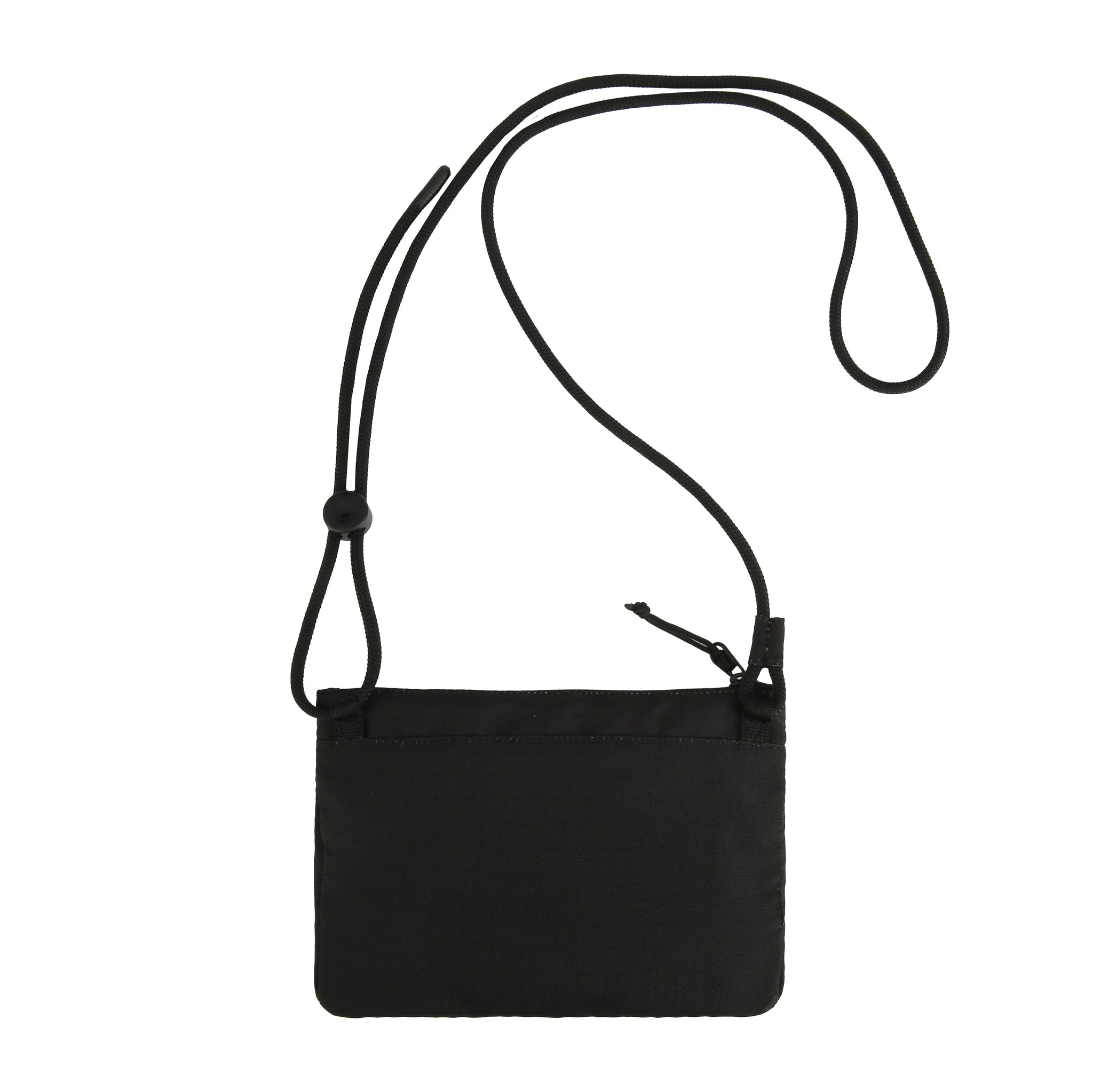 A small black zippered pouch with an adjustable neck strap, shown on a white background.