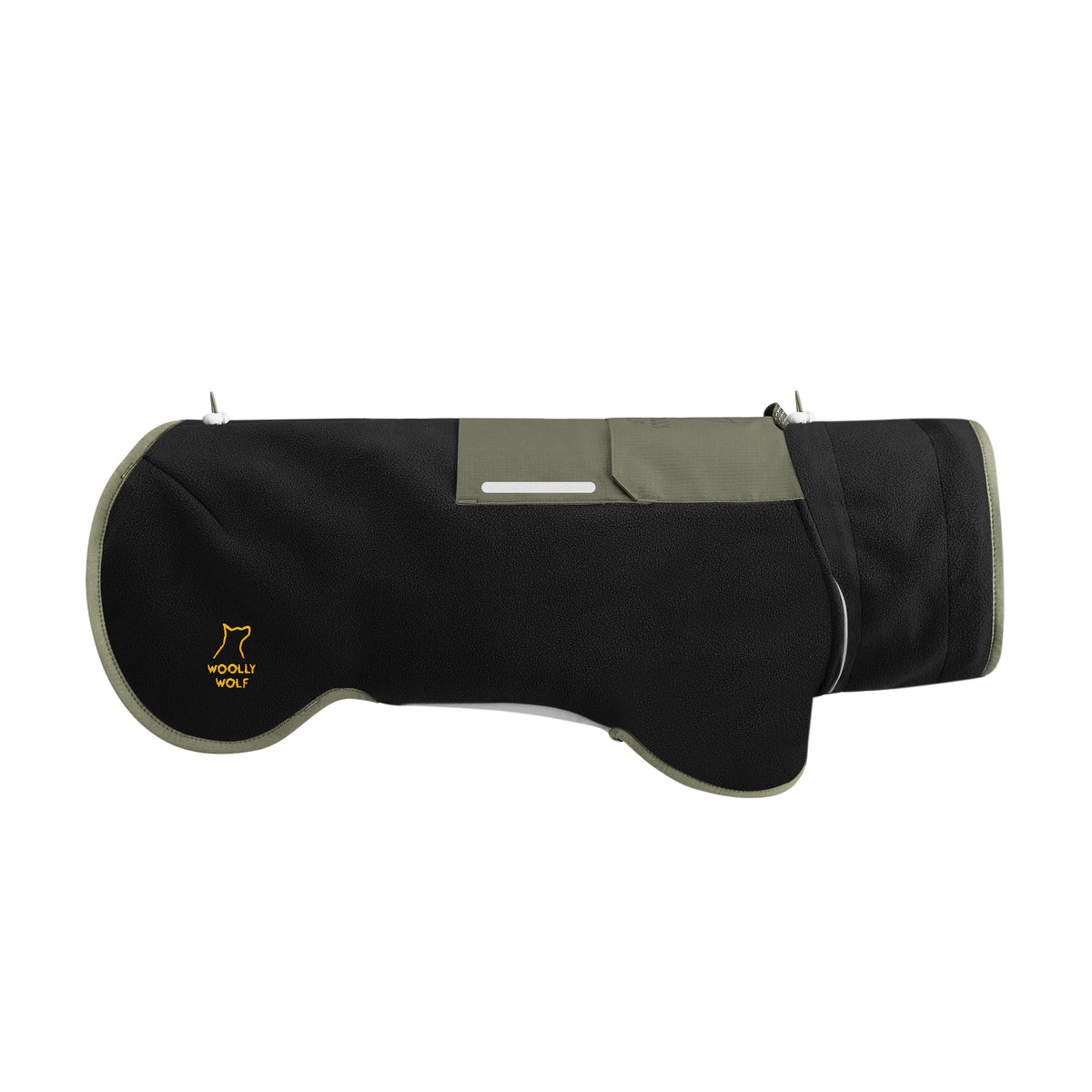 Black and olive green dog coat with a pocket and a yellow logo, displayed on a white background.