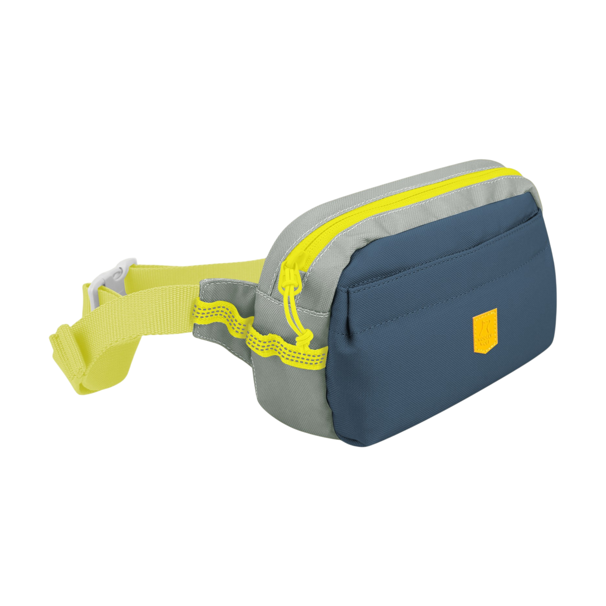 Blue and gray waist bag with a yellow zipper, yellow strap, and a small yellow patch on the front.