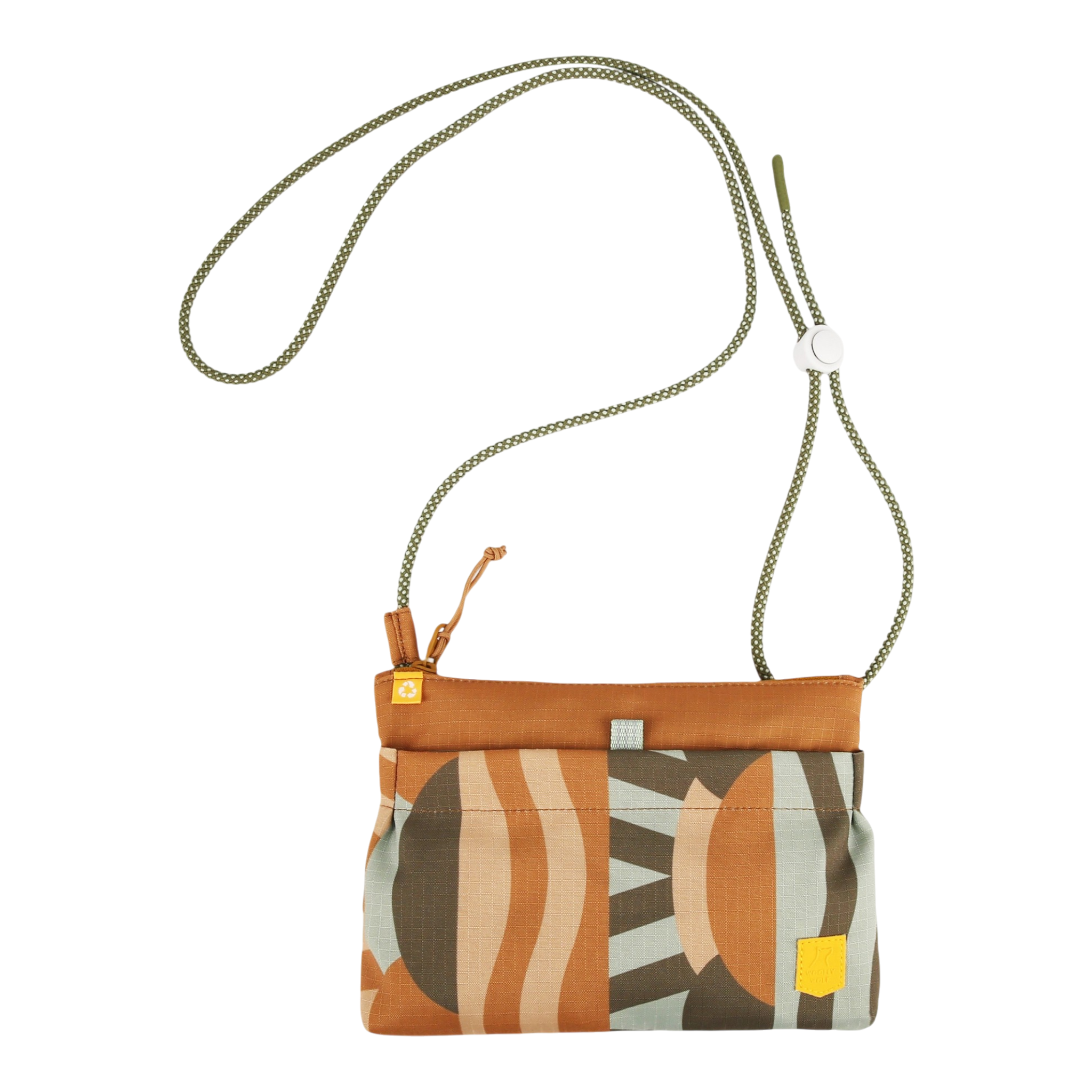 Small crossbody bag with abstract brown, tan, and green patterns and a green cord strap.