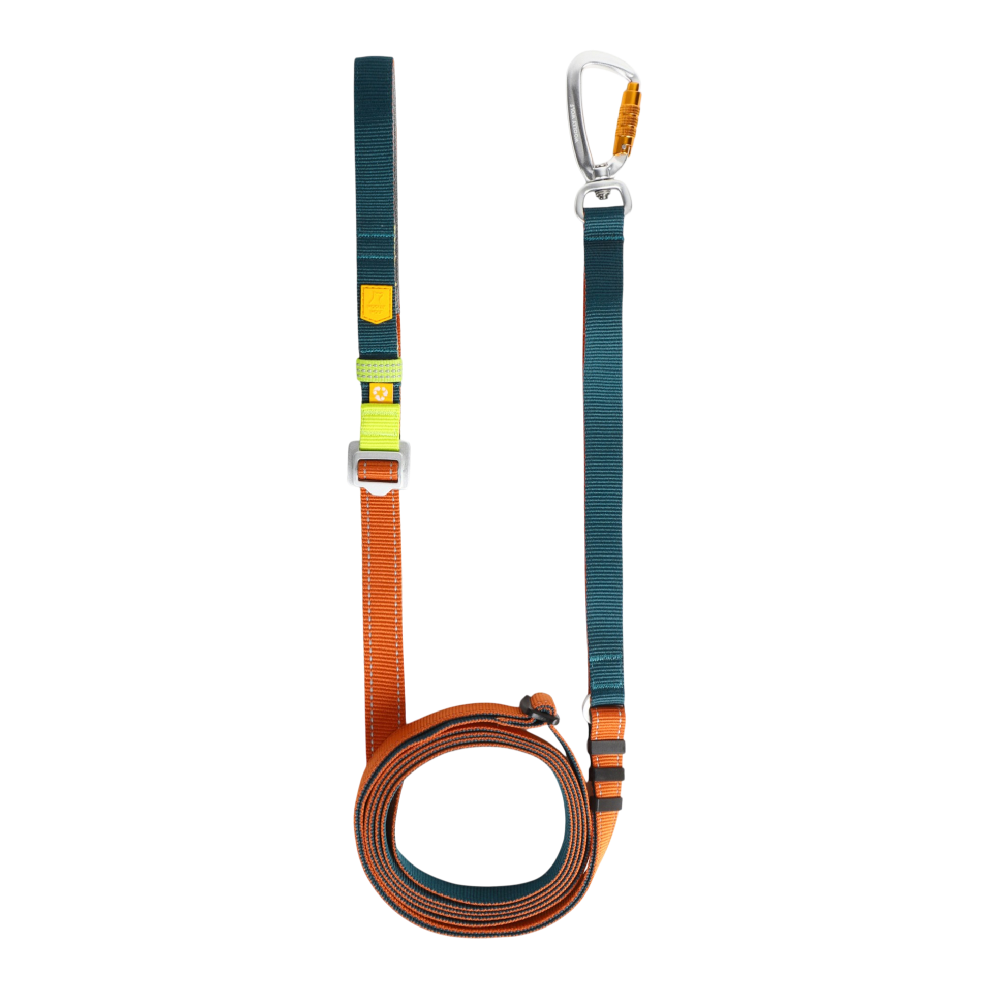 A teal and orange dog leash with a metal carabiner clasp, laid out flat on a white background.