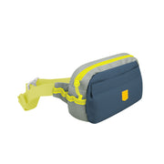 A blue and gray waist bag with a yellow zipper, yellow strap, and a small yellow patch on the front.