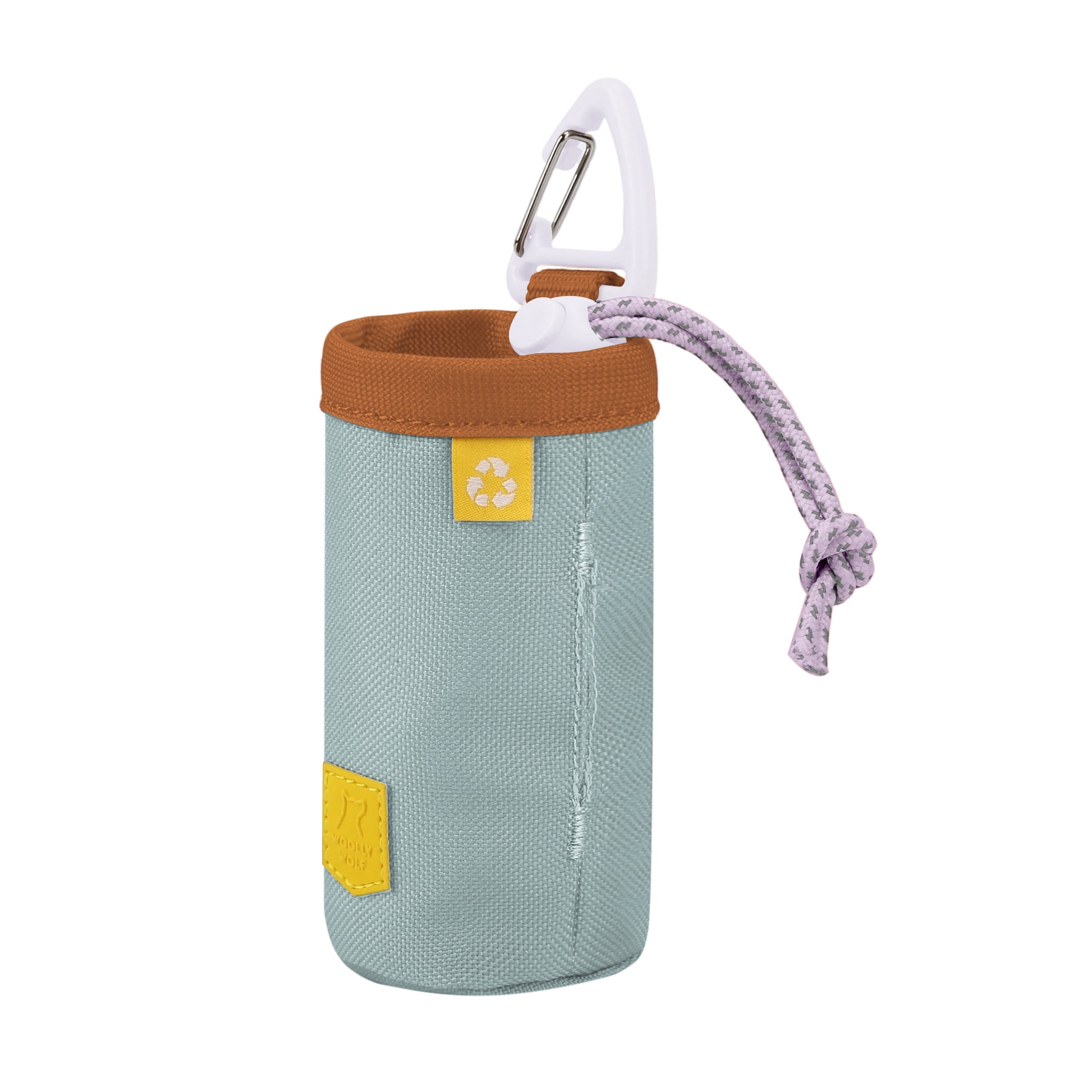 Small light blue fabric pouch with a brown rim, a rope loop, and a white carabiner clip attached.