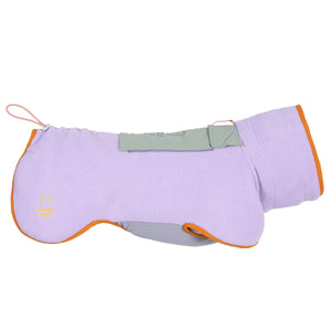 Lilac dog coat with orange trim, a green strap, and a small yellow logo on the lower left side.