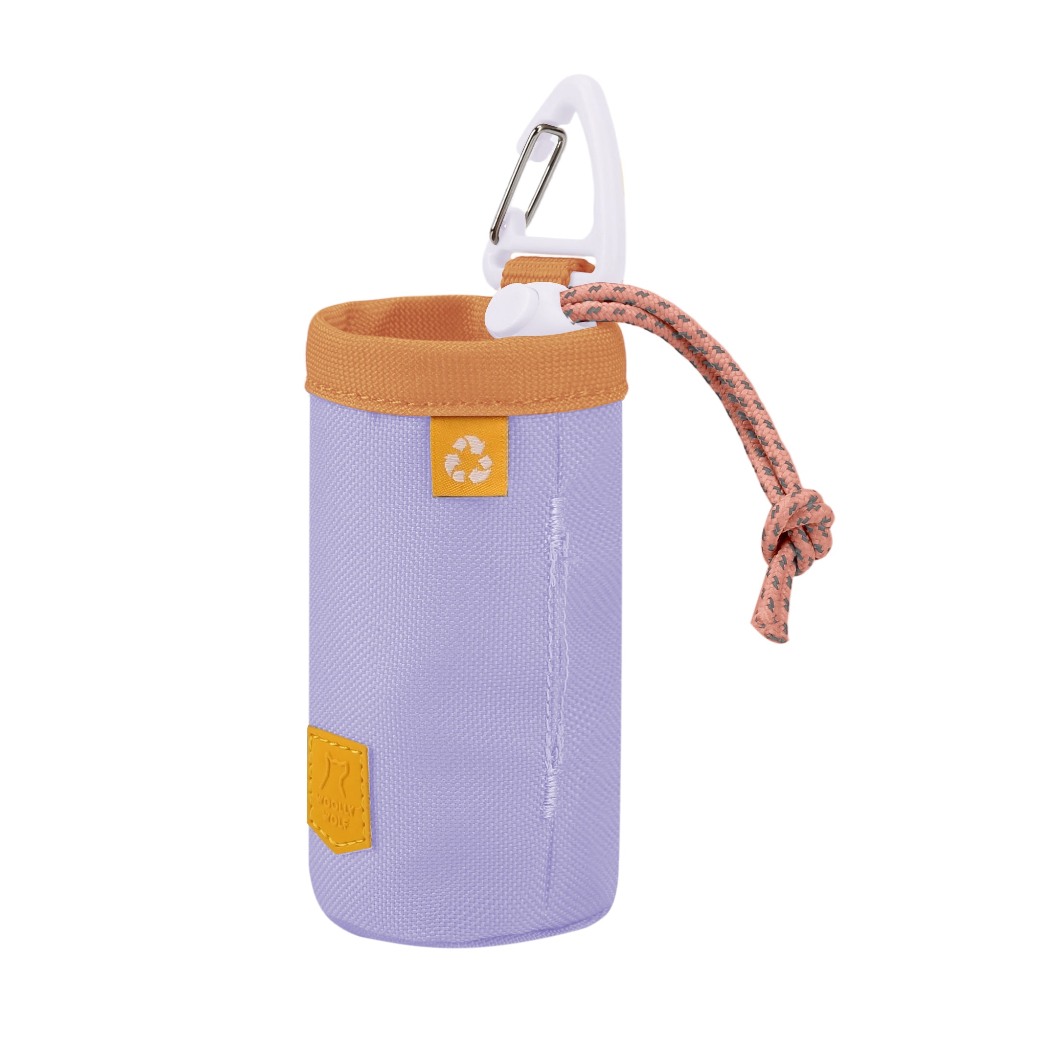 Lavender fabric pouch with tan trim, a carabiner, and a pink rope drawstring, featuring a recycle symbol.