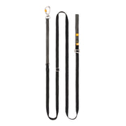 Black adjustable dog leash with reflective stitching and a metal carabiner.