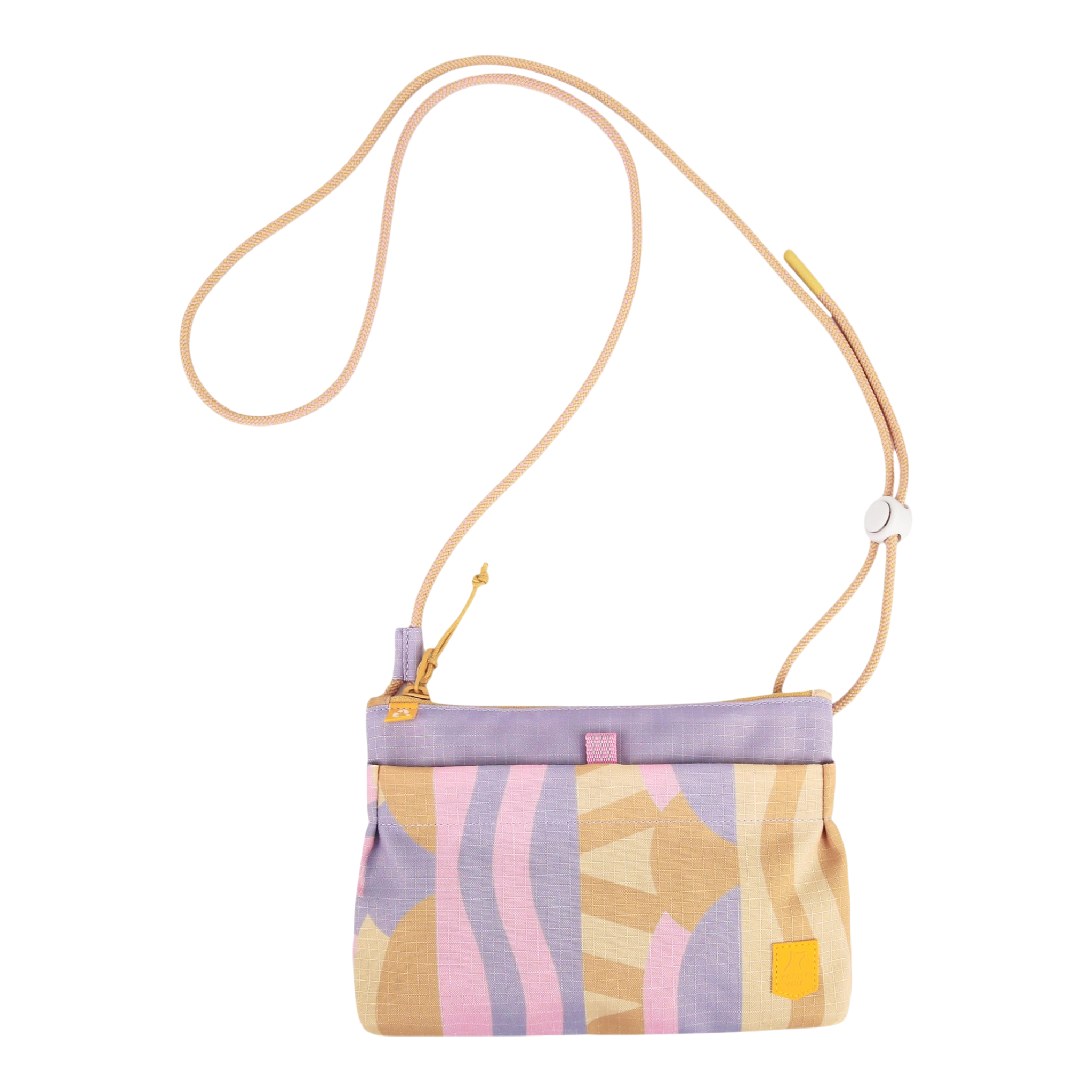 Small crossbody bag with pastel abstract patterns, a purple top edge, and a beige adjustable strap.