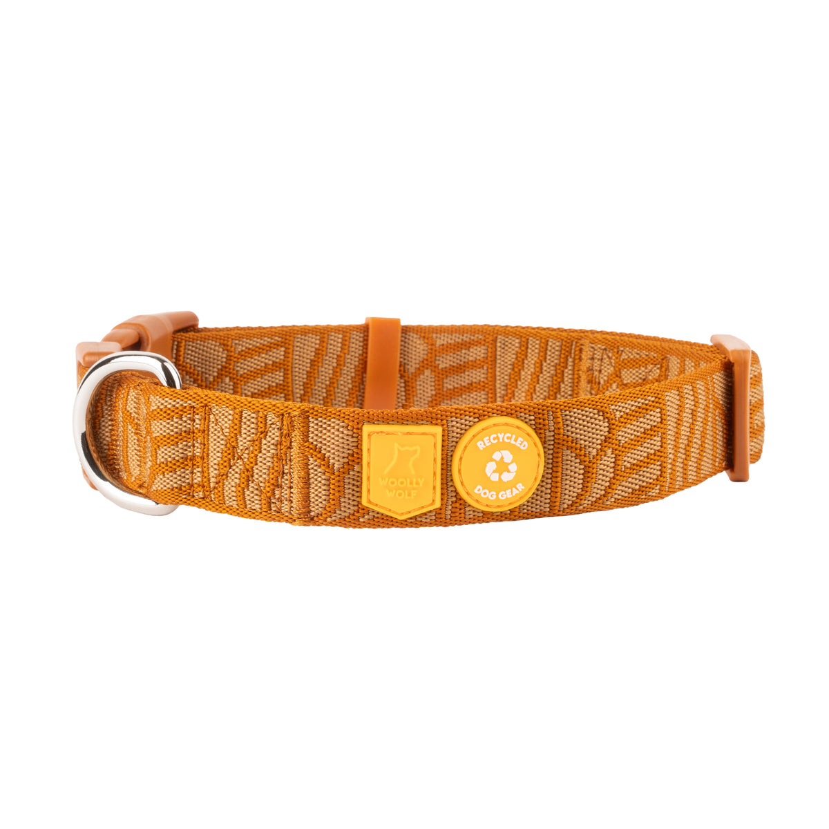Amber-colored dog collar with a patterned webbing and two circular brand badges.