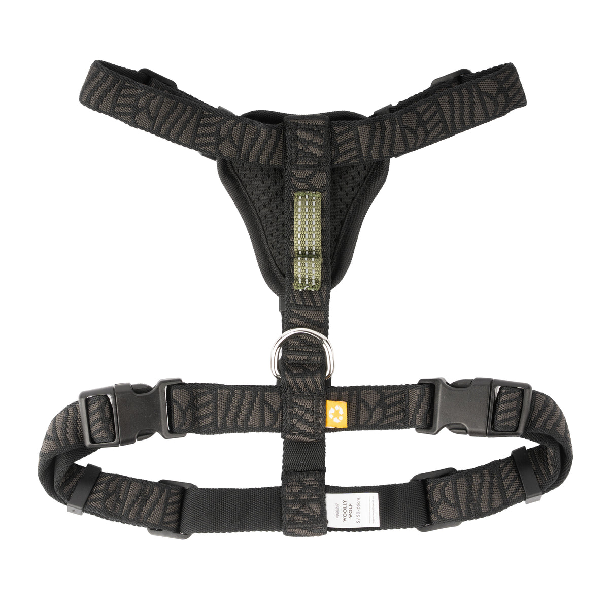 A gray and black patterned dog harness with a metal D-ring and plastic buckles.
