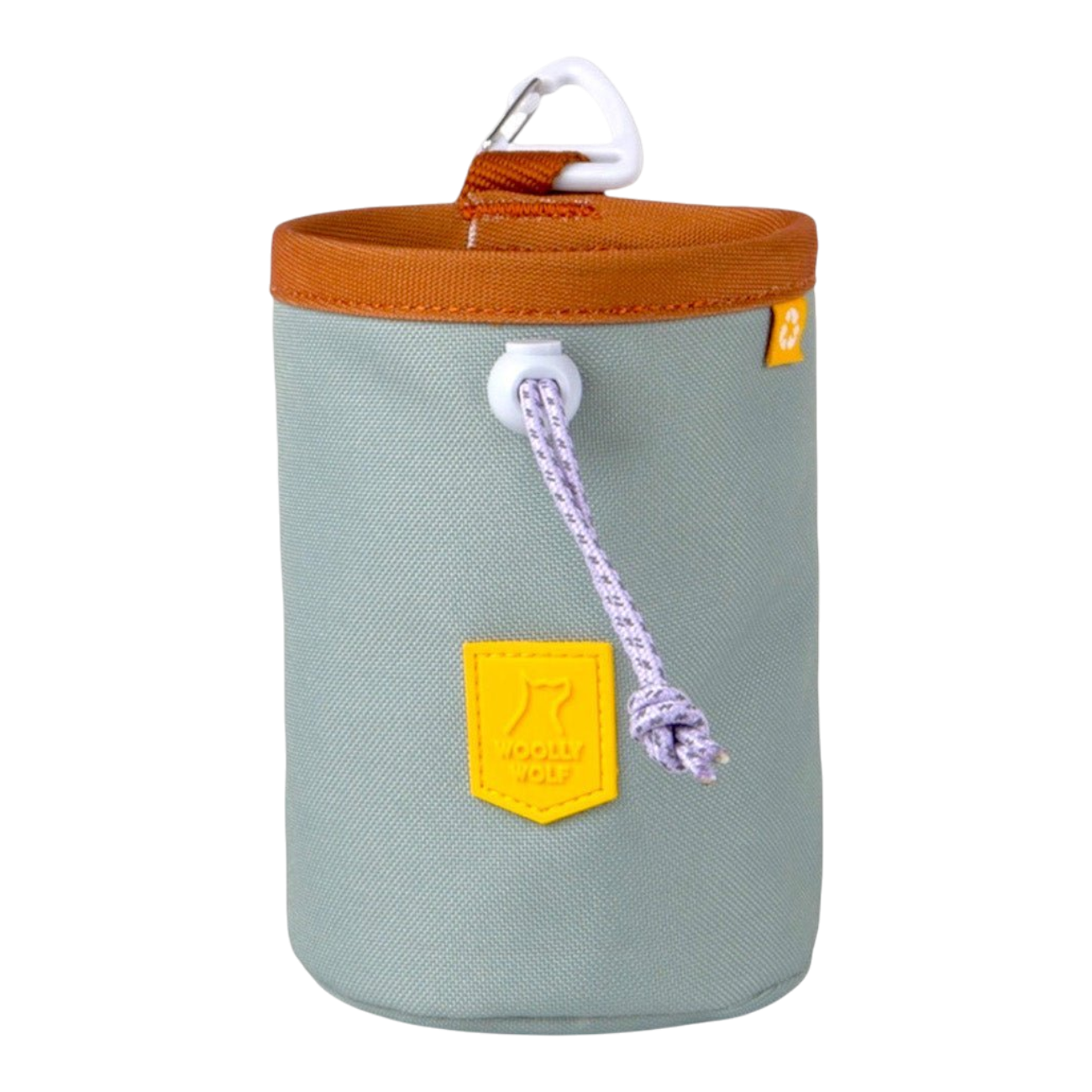 Light green fabric pouch with a brown top, drawstring closure, and a yellow patch on the front.