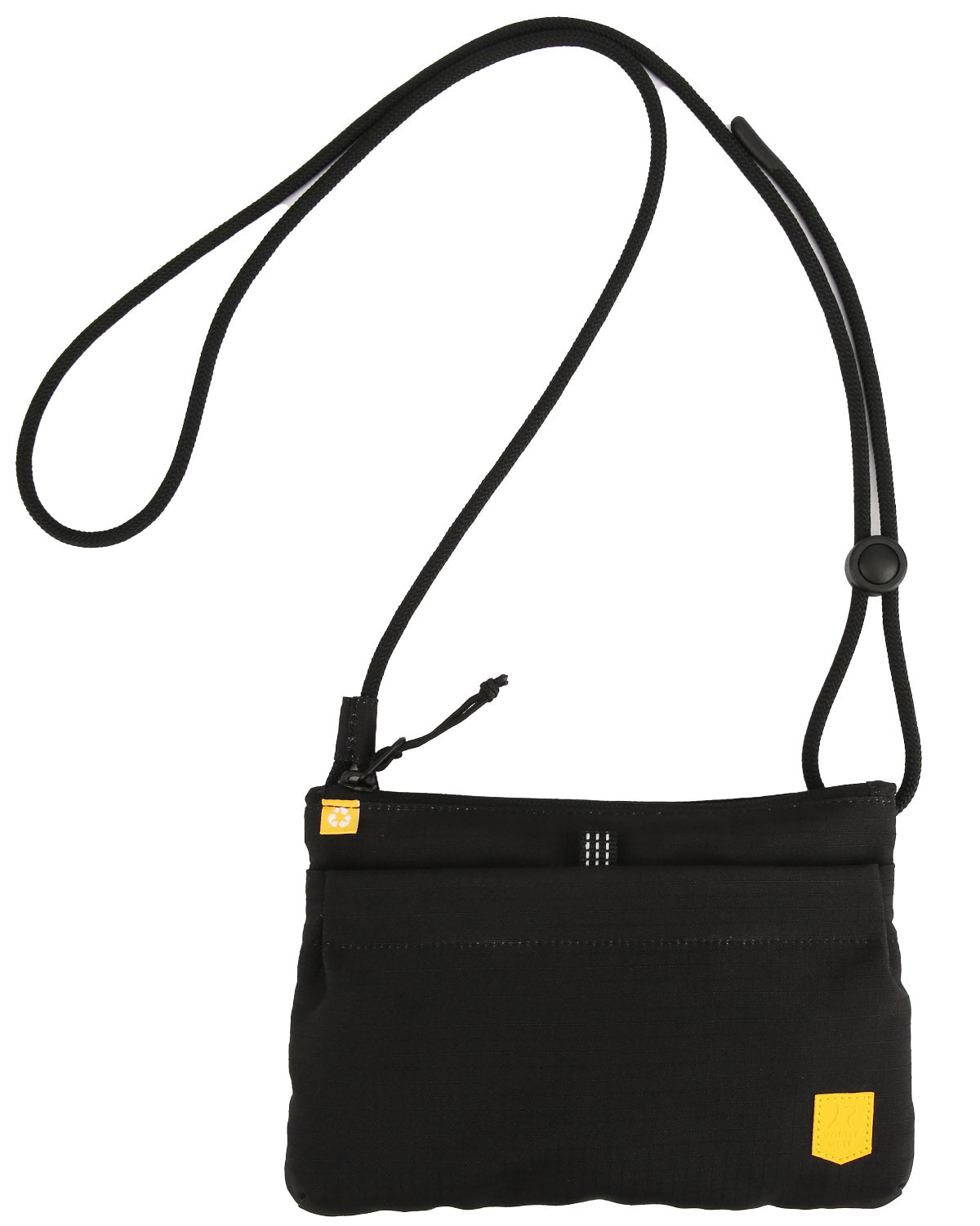 A small black crossbody bag with a thin strap and yellow accents on the front.