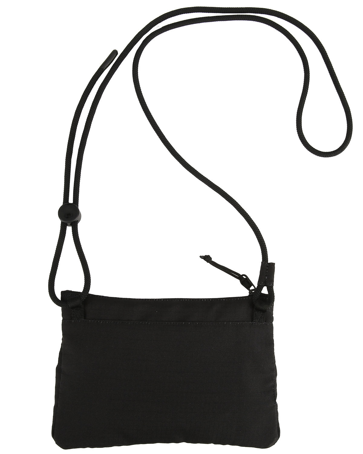 A small black fabric pouch with an adjustable neck strap and a zippered top.