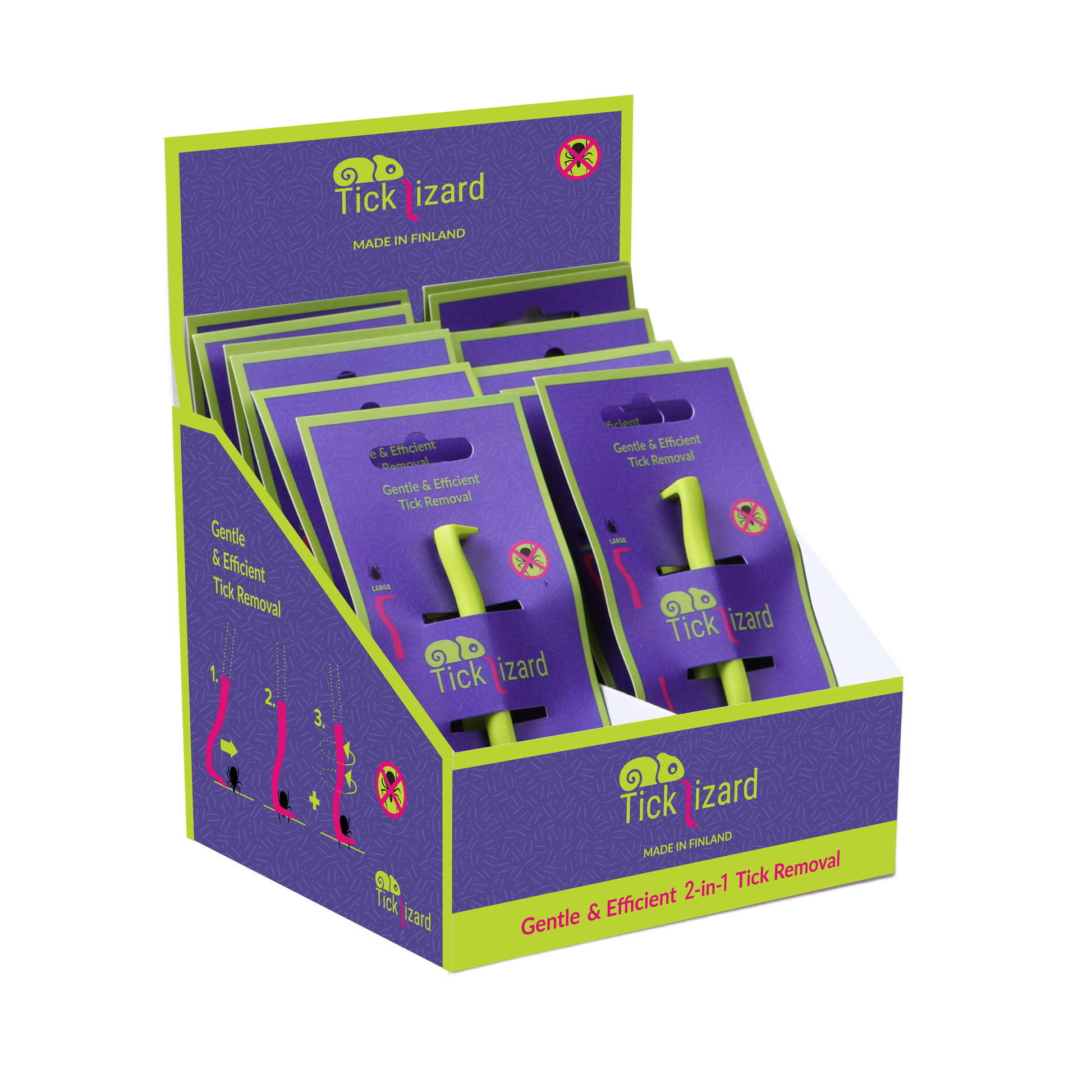 A display box containing multiple Tick lizard tick removal tools with purple and green packaging, labeled Gentle & Efficient 2-in-1 Tick Removal and Made in Finland.