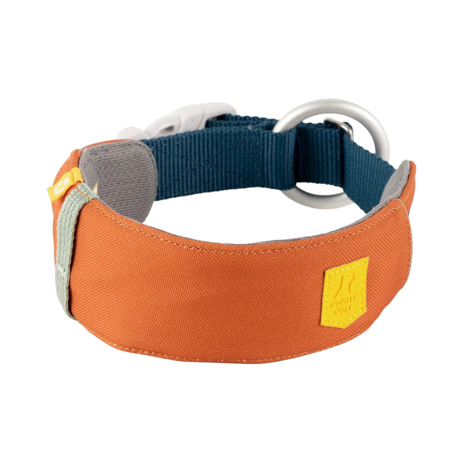 Orange and blue padded dog collar with a metal ring and plastic buckle on a white background.